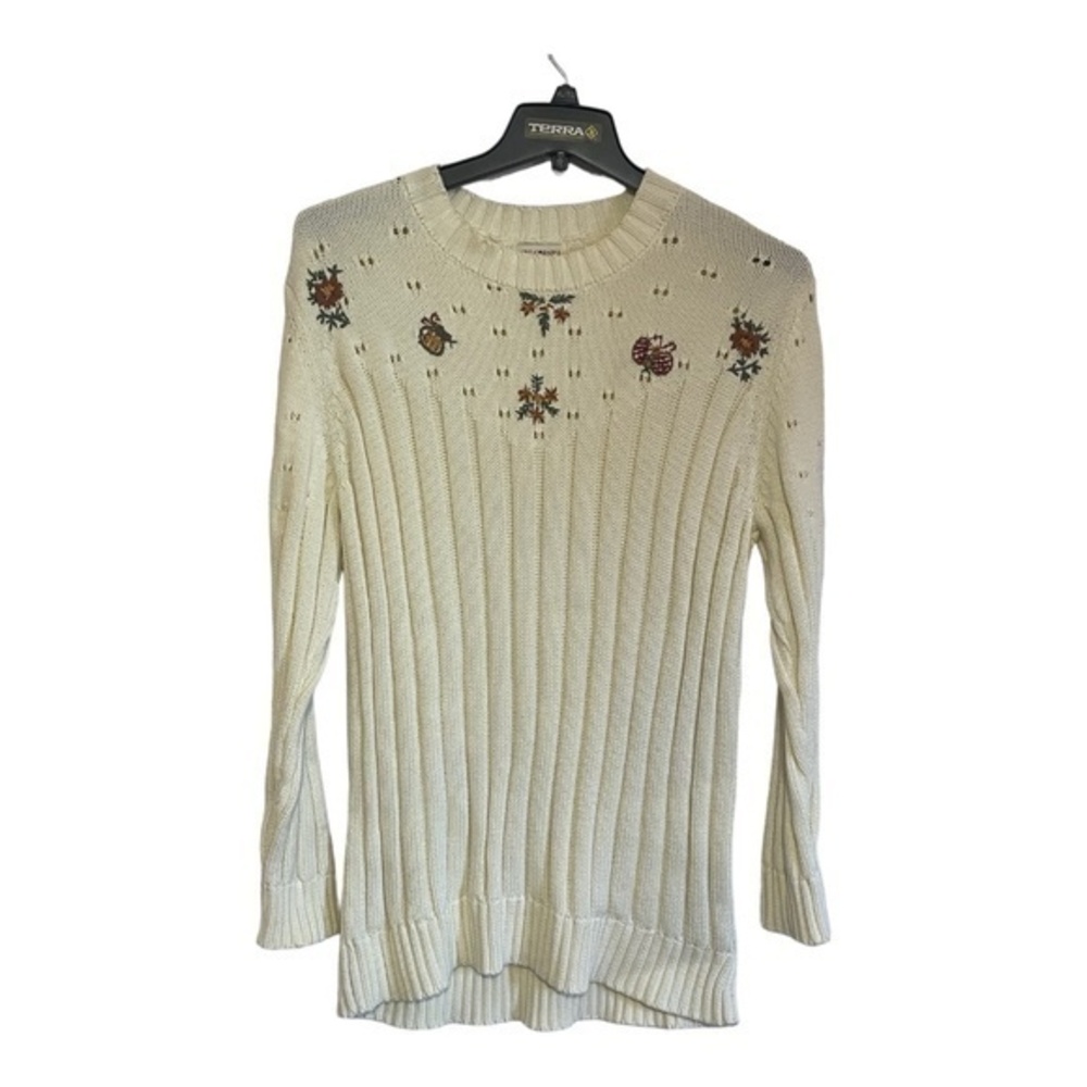 April Cornell Womens Sweater Ribbed Embroidered Off White Cotton Size XXL